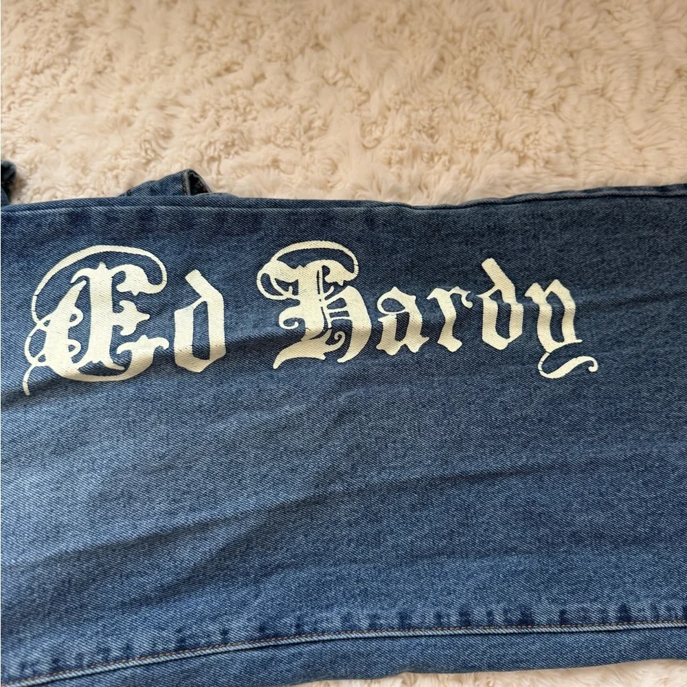 Ed Hardy Blue Wide Extra Baggy Jeans with Graphic Designs. - Picture 3 of 4